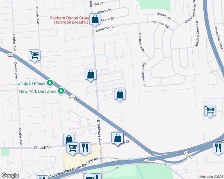 map of restaurants, bars, coffee shops, grocery stores, and more near 159 Starlight Walk in Holbrook