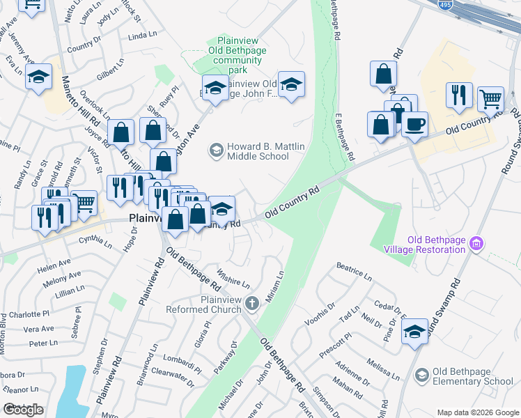 map of restaurants, bars, coffee shops, grocery stores, and more near 65 Roundtree Drive in Plainview