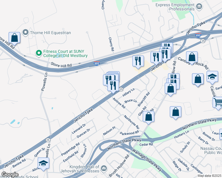 map of restaurants, bars, coffee shops, grocery stores, and more near 4 Jericho Turnpike in Westbury