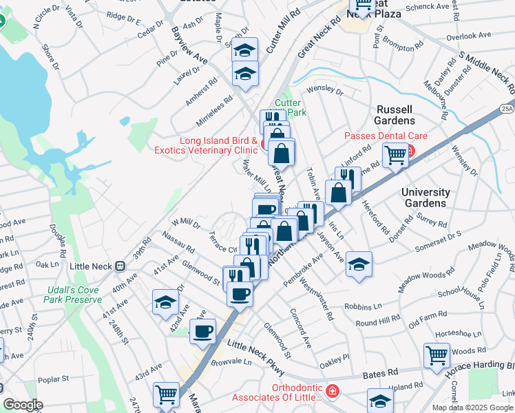 map of restaurants, bars, coffee shops, grocery stores, and more near 81 Water Mill Lane in Great Neck