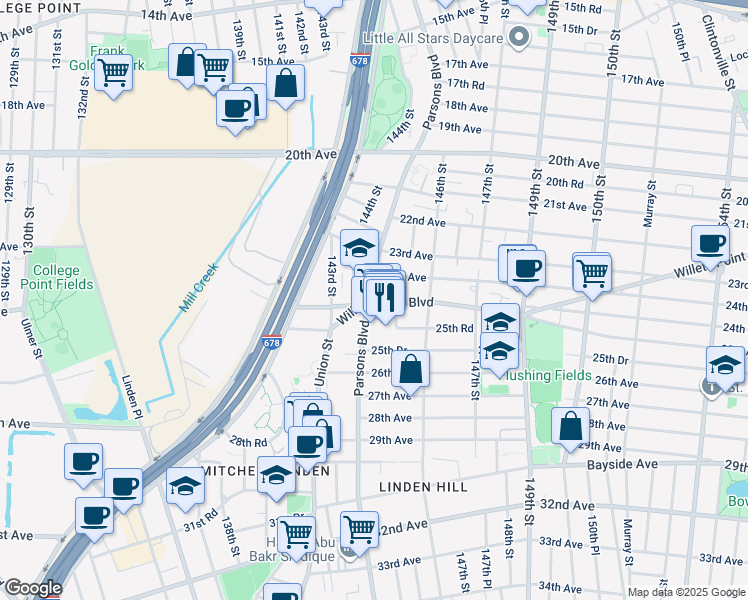map of restaurants, bars, coffee shops, grocery stores, and more near 24-05 Parsons Boulevard in Queens