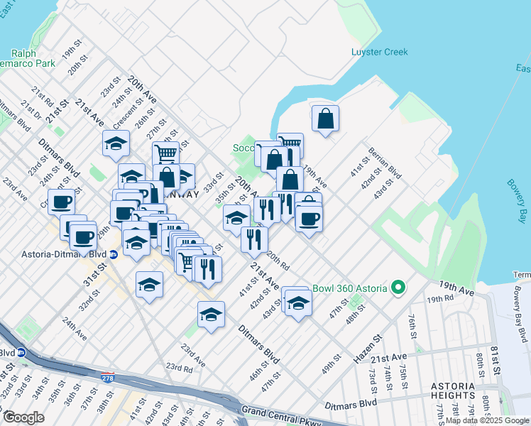 map of restaurants, bars, coffee shops, grocery stores, and more near 20-04 37th Street in Queens