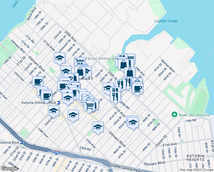 map of restaurants, bars, coffee shops, grocery stores, and more near 20-28 36th Street in Queens