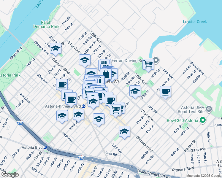 map of restaurants, bars, coffee shops, grocery stores, and more near in Queens