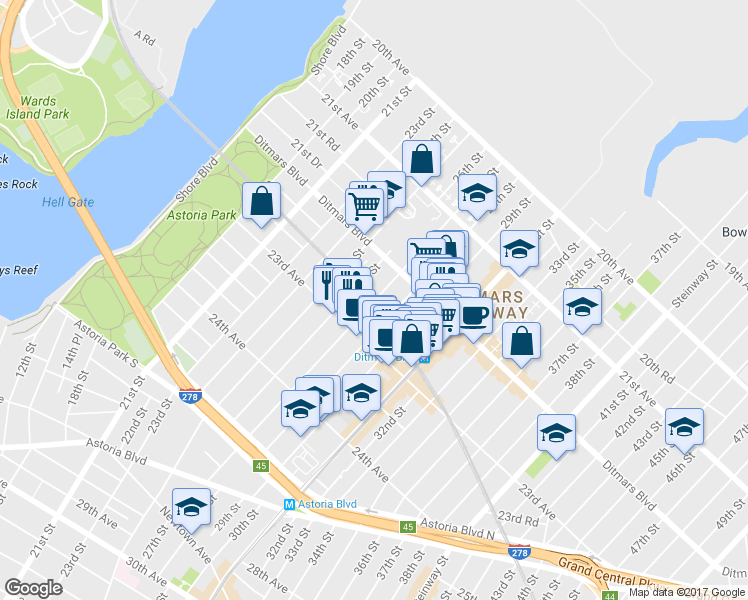 map of restaurants, bars, coffee shops, grocery stores, and more near 22-37 27th Street in Queens