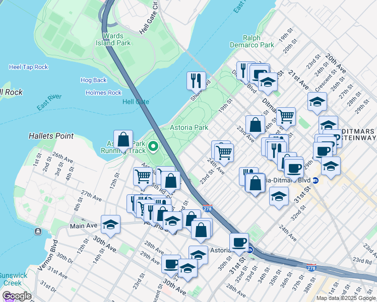 map of restaurants, bars, coffee shops, grocery stores, and more near in Queens