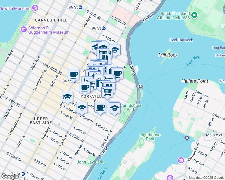 map of restaurants, bars, coffee shops, grocery stores, and more near 438 East 88th Street in New York