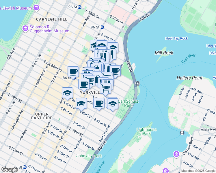 map of restaurants, bars, coffee shops, grocery stores, and more near 438 East 88th Street in New York