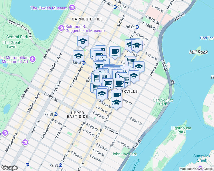 map of restaurants, bars, coffee shops, grocery stores, and more near in New York