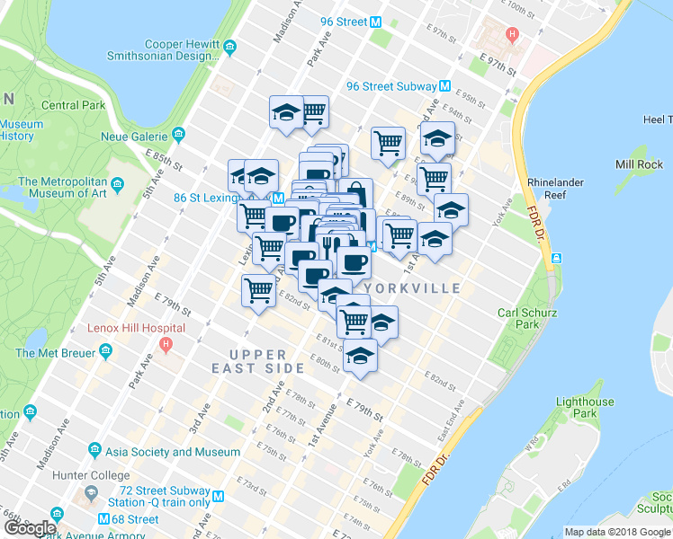 map of restaurants, bars, coffee shops, grocery stores, and more near 229 East 85th Street in New York