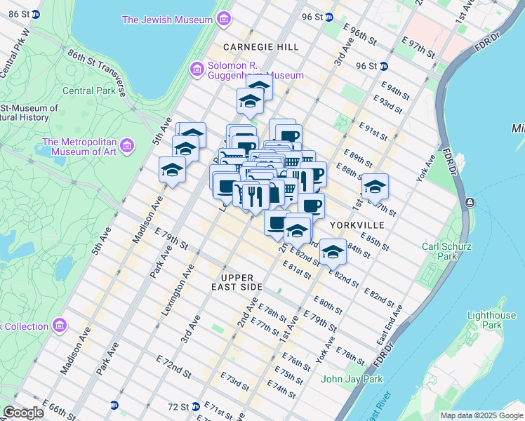 map of restaurants, bars, coffee shops, grocery stores, and more near 1517 3rd Avenue in New York