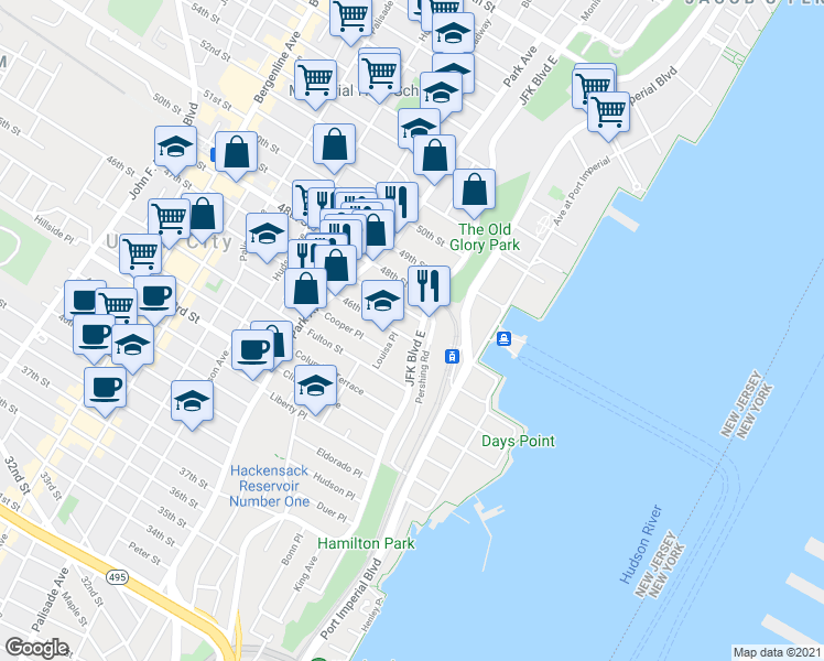 map of restaurants, bars, coffee shops, grocery stores, and more near 16 47th Street in Weehawken