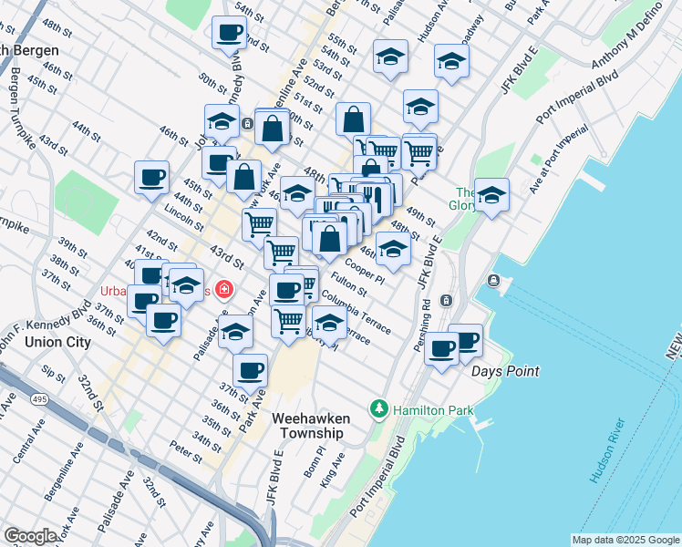 map of restaurants, bars, coffee shops, grocery stores, and more near 51 Cooper Place in Weehawken