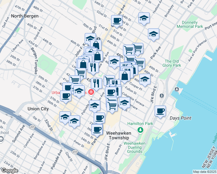 map of restaurants, bars, coffee shops, grocery stores, and more near 4408 Hudson Avenue in Union City
