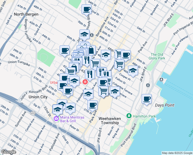 map of restaurants, bars, coffee shops, grocery stores, and more near 4313 Palisade Avenue in Union City