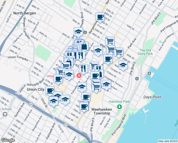 map of restaurants, bars, coffee shops, grocery stores, and more near 4311 Palisade Avenue in Union City