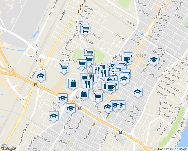 map of restaurants, bars, coffee shops, grocery stores, and more near 646 38th Street in Union City