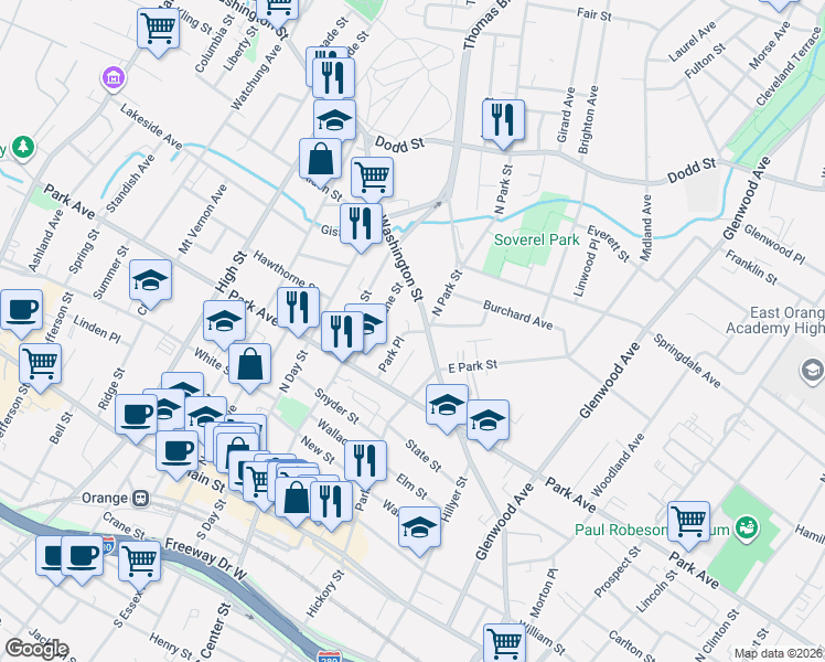 map of restaurants, bars, coffee shops, grocery stores, and more near 237 Park Place in City of Orange