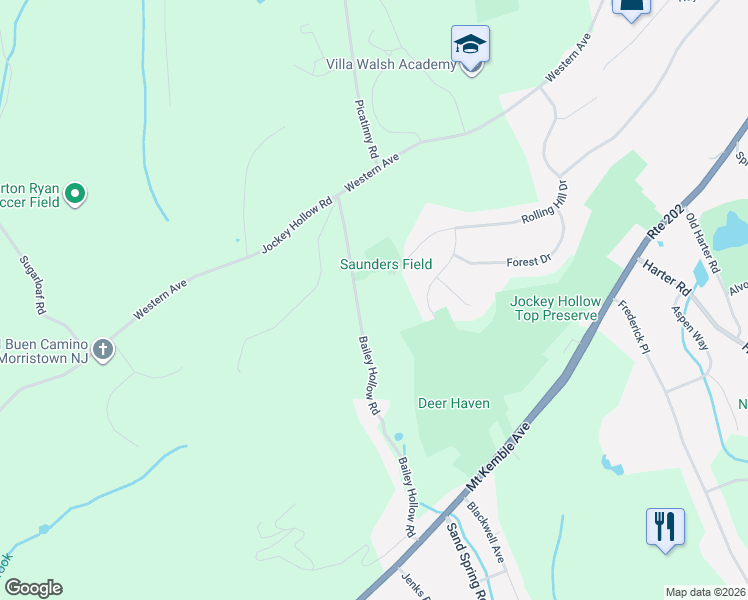 map of restaurants, bars, coffee shops, grocery stores, and more near 62 Bailey Hollow Road in Morristown
