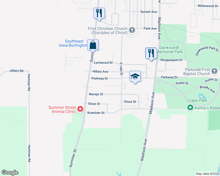 map of restaurants, bars, coffee shops, grocery stores, and more near 1505 Parkway Drive in Burlington