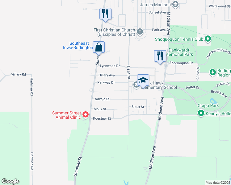 map of restaurants, bars, coffee shops, grocery stores, and more near 1505 Parkway Drive in Burlington