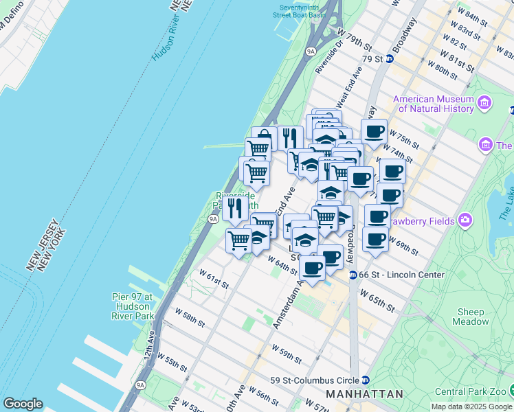 map of restaurants, bars, coffee shops, grocery stores, and more near Freedom Place in New York