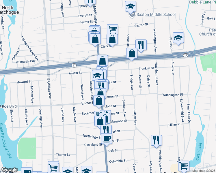 map of restaurants, bars, coffee shops, grocery stores, and more near 281 Medford Avenue in Patchogue