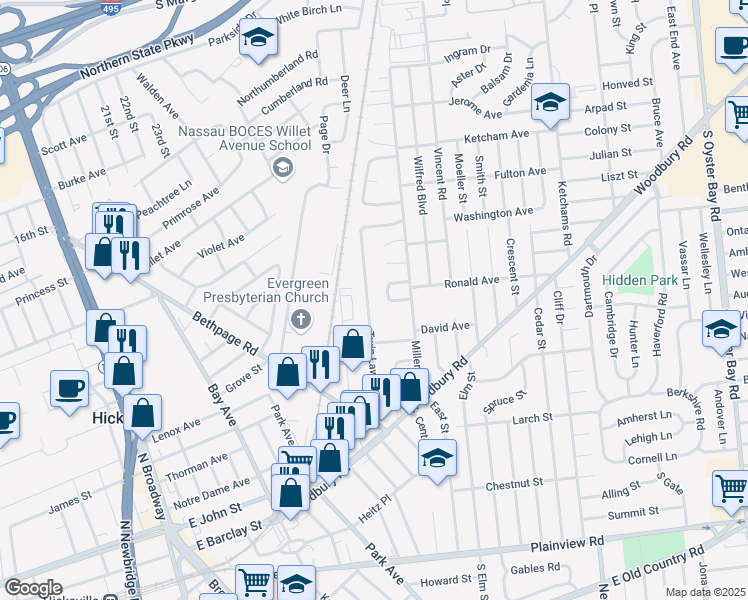 map of restaurants, bars, coffee shops, grocery stores, and more near 64 Twin Lawns Avenue in Hicksville