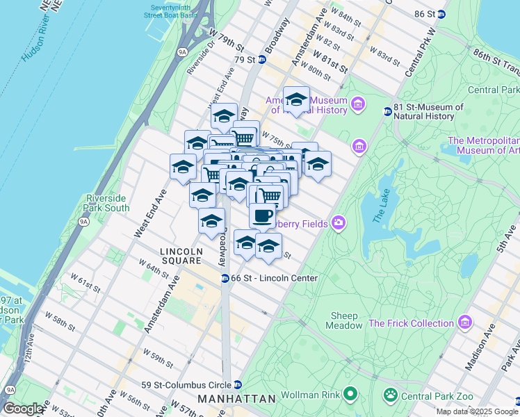 map of restaurants, bars, coffee shops, grocery stores, and more near 1 West End Avenue in New York