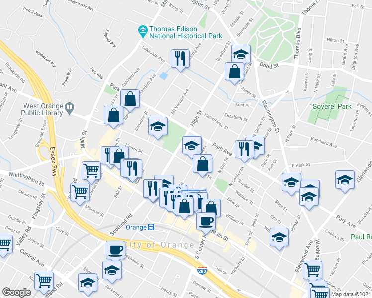 map of restaurants, bars, coffee shops, grocery stores, and more near 144 High Street in City of Orange