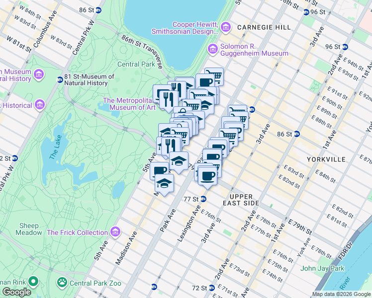 map of restaurants, bars, coffee shops, grocery stores, and more near 45 East 80th Street in New York
