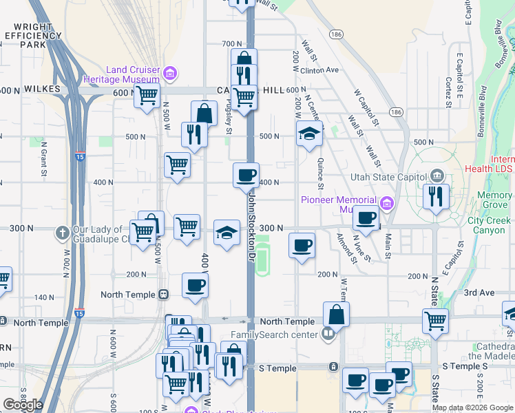 map of restaurants, bars, coffee shops, grocery stores, and more near 365 North 300 West in Salt Lake City