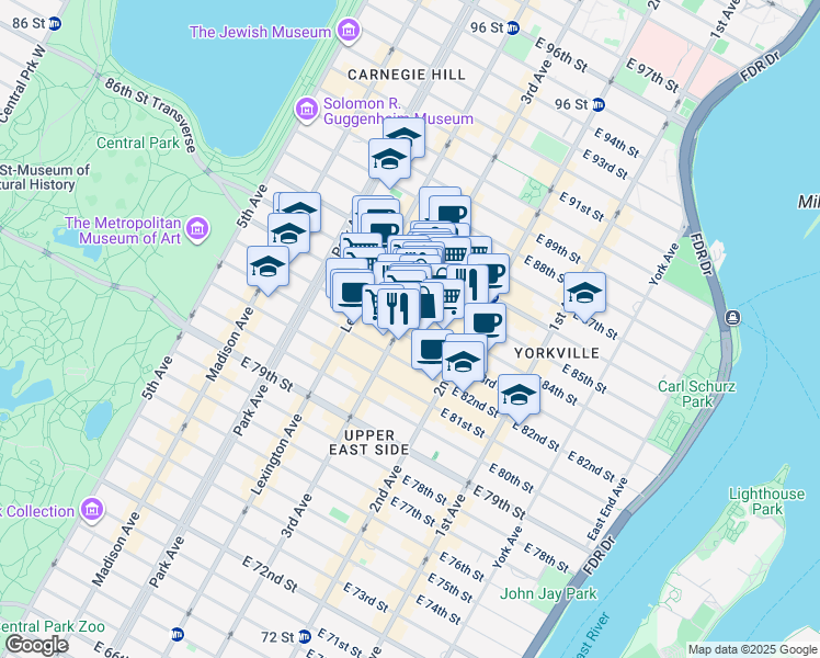 map of restaurants, bars, coffee shops, grocery stores, and more near 201 East 83rd Street in New York