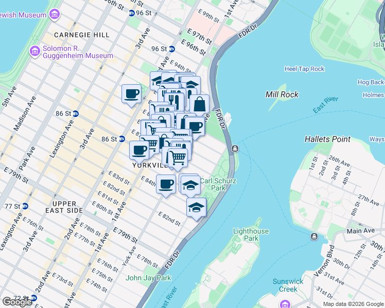 map of restaurants, bars, coffee shops, grocery stores, and more near 500 East 89th Street in New York