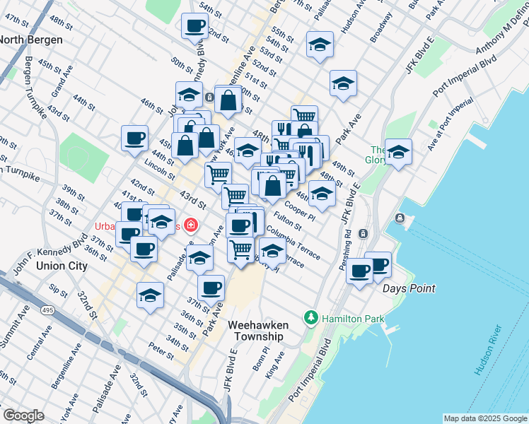 map of restaurants, bars, coffee shops, grocery stores, and more near 4504 Brown Street in Union City
