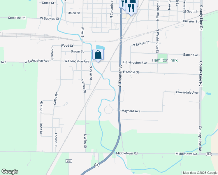 map of restaurants, bars, coffee shops, grocery stores, and more near 301 Patterson Street in Crestline