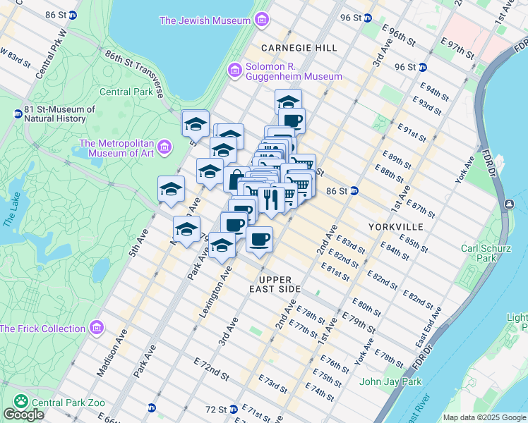 map of restaurants, bars, coffee shops, grocery stores, and more near 145 East 82nd Street in New York