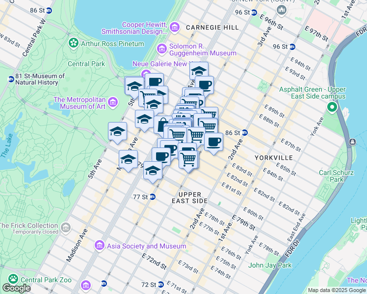map of restaurants, bars, coffee shops, grocery stores, and more near 147 East 82nd Street in New York