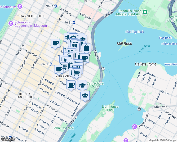 map of restaurants, bars, coffee shops, grocery stores, and more near 500 East 89th Street in New York