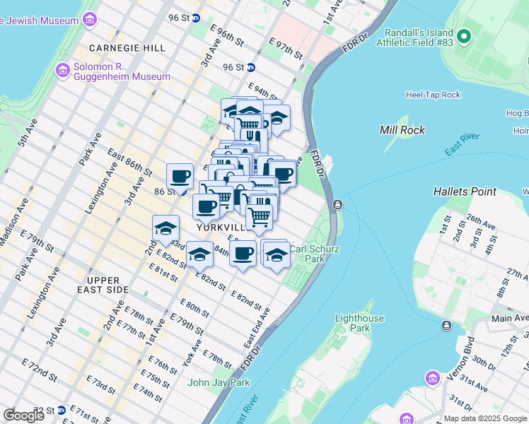 map of restaurants, bars, coffee shops, grocery stores, and more near 438 East 88th Street in New York