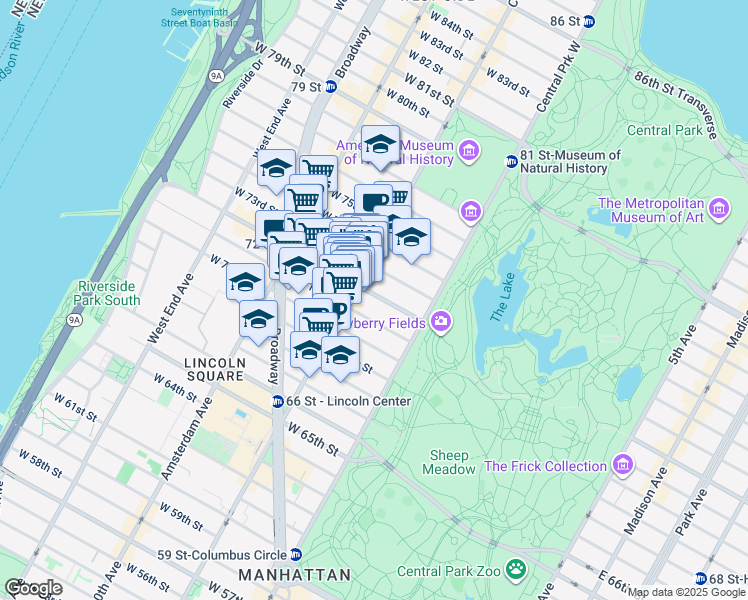 map of restaurants, bars, coffee shops, grocery stores, and more near 42 West 72nd Street in New York