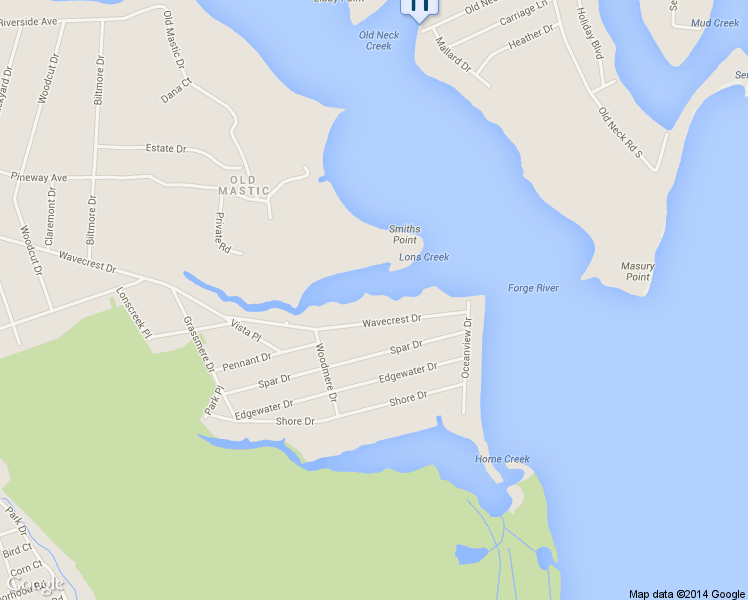 map of restaurants, bars, coffee shops, grocery stores, and more near 81 Wavecrest Drive in Mastic Beach