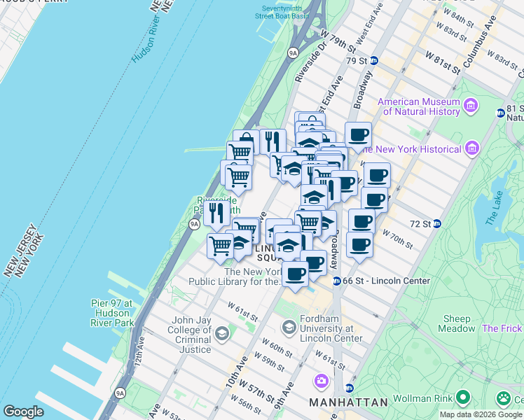 map of restaurants, bars, coffee shops, grocery stores, and more near 165 West End Avenue in New York