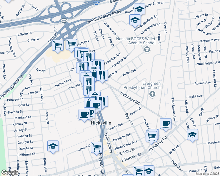 map of restaurants, bars, coffee shops, grocery stores, and more near 2632 Bay Avenue in Hicksville