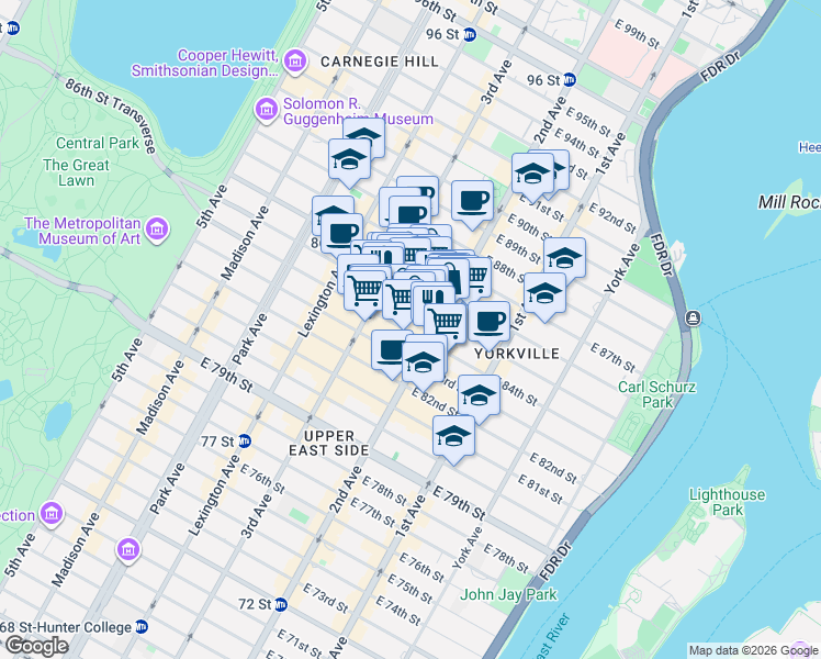map of restaurants, bars, coffee shops, grocery stores, and more near 229 East 85th Street in New York