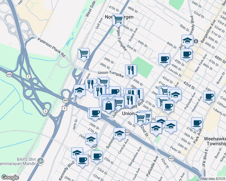 map of restaurants, bars, coffee shops, grocery stores, and more near 3626 Lincoln Terrace in North Bergen