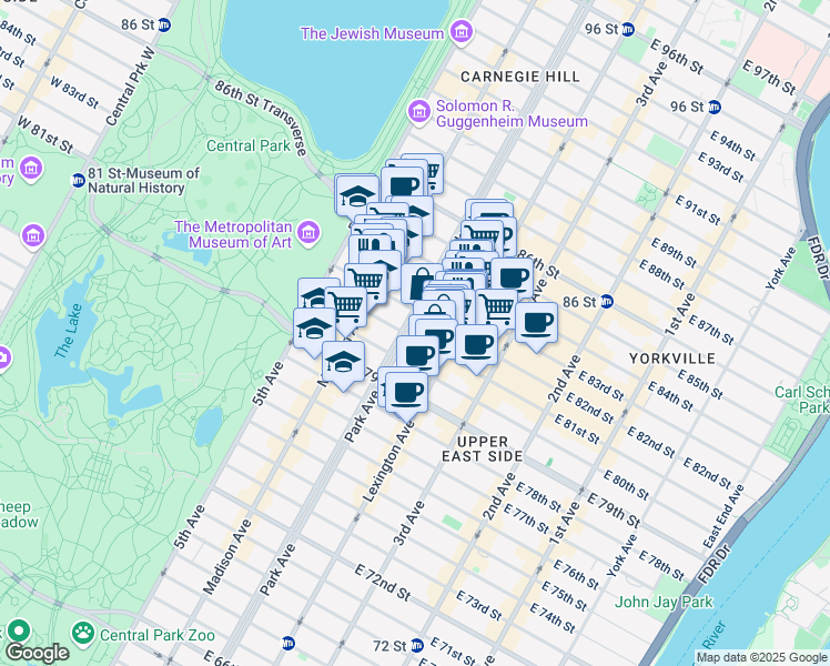 map of restaurants, bars, coffee shops, grocery stores, and more near 941 Park Avenue in New York