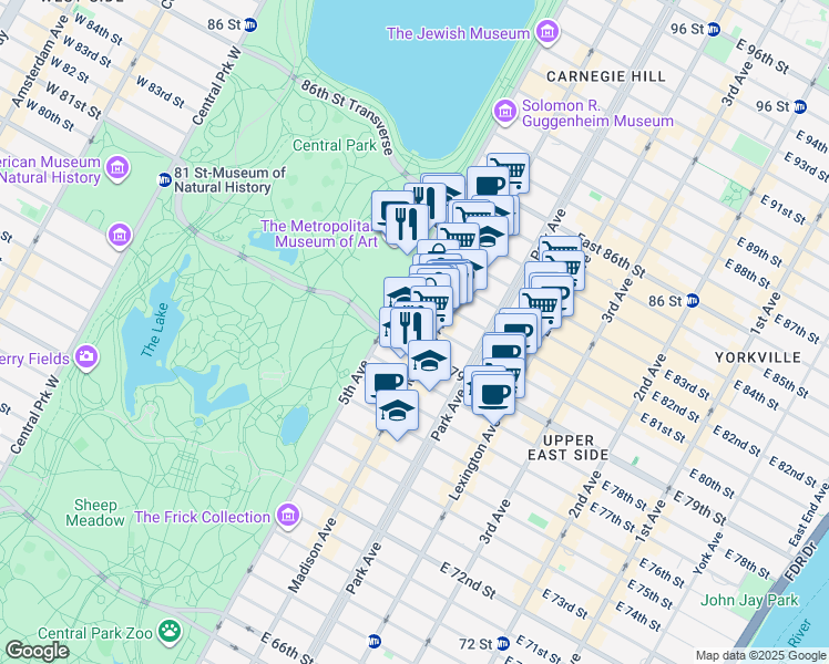 map of restaurants, bars, coffee shops, grocery stores, and more near 16 East 80th Street in New York