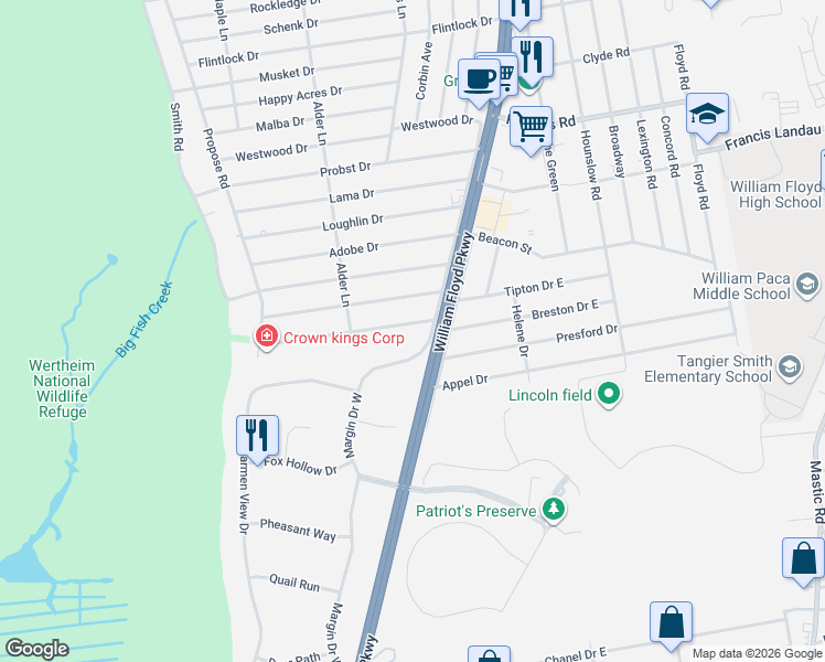 map of restaurants, bars, coffee shops, grocery stores, and more near 45 Breston Drive West in Shirley