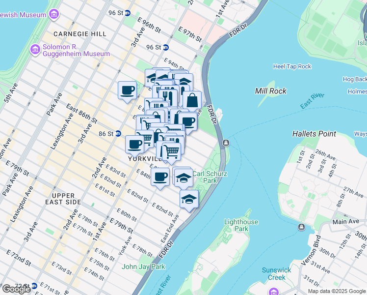 map of restaurants, bars, coffee shops, grocery stores, and more near 500 East 89th Street in New York